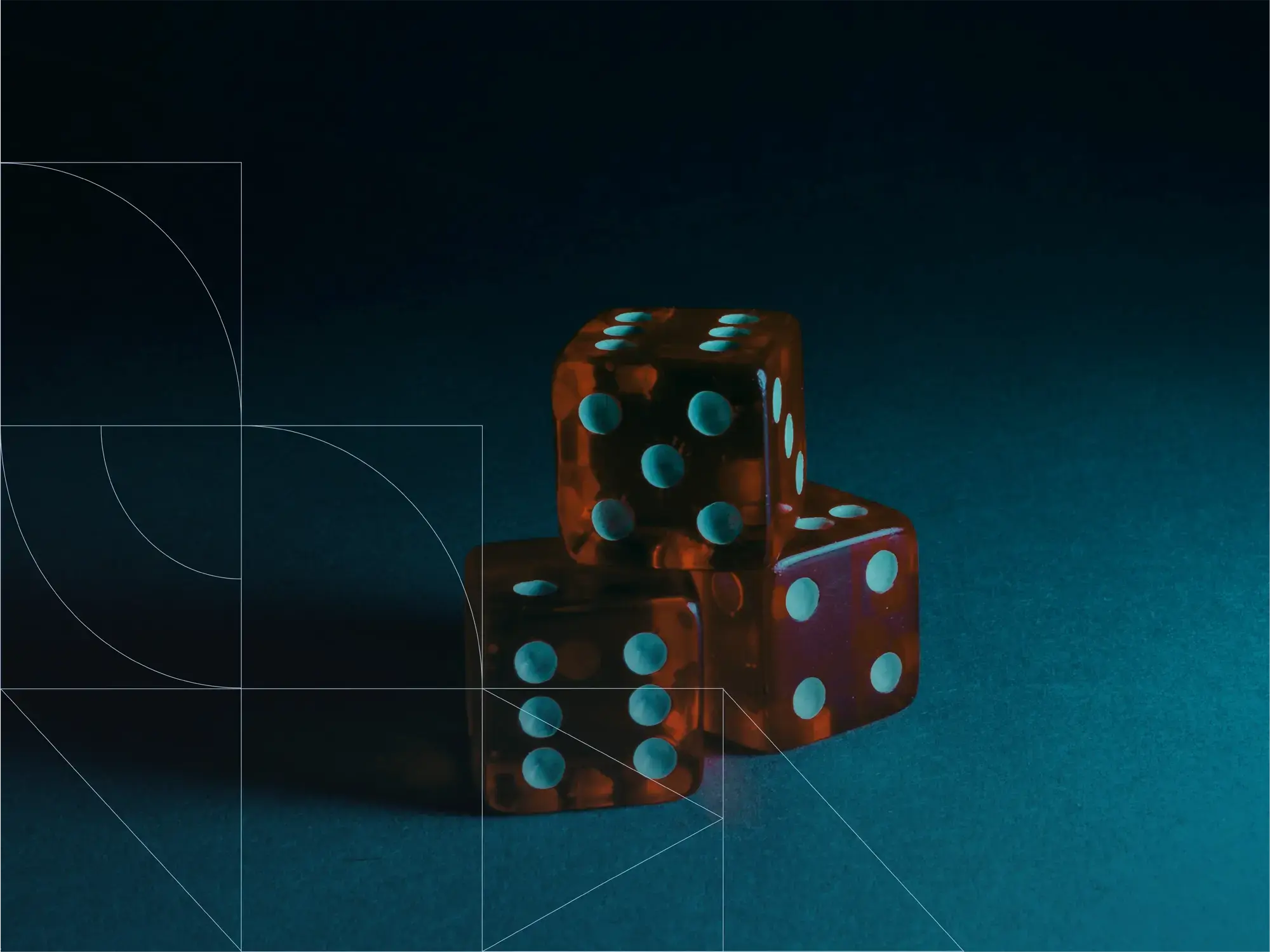 Three translucent red dice with white dots stacked together on a dark teal surface, lit with dramatic low lighting. The background is dark and minimal, and faint geometric line overlays appear on the left side of the image.