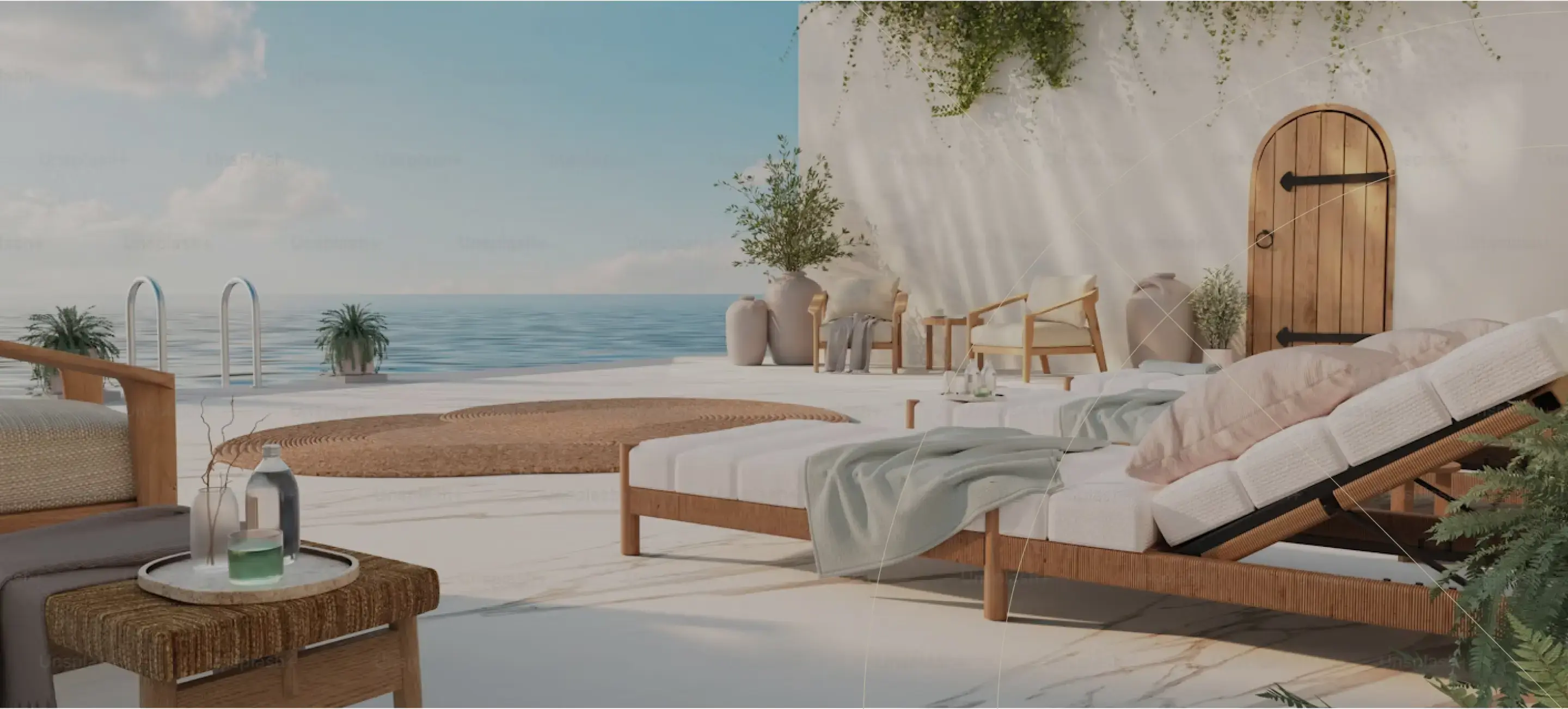 Sunlit outdoor terrace with lounge chairs, potted plants, and a sea view.