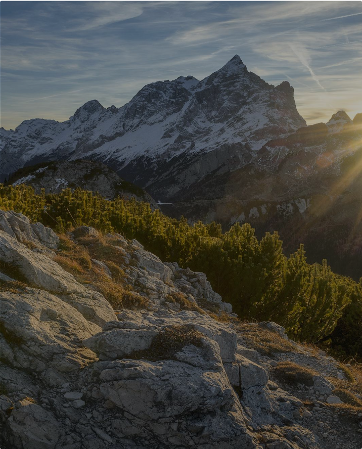 Rocky foreground with green alpine shrubs, leading to towering snow-dusted mountains, illuminated by golden sunlight breaking over the horizon.