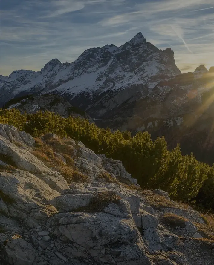 Rocky foreground with green alpine shrubs, leading to towering snow-dusted mountains, illuminated by golden sunlight breaking over the horizon.
